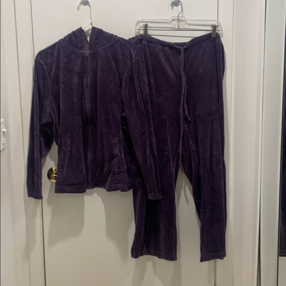 Cami plum velour pantsuit with hoodie. 2X.